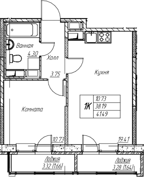 1-комнатная квартира 41.49 м², 12/22 эт., ЖК «Парк-квартал Юнтолово»